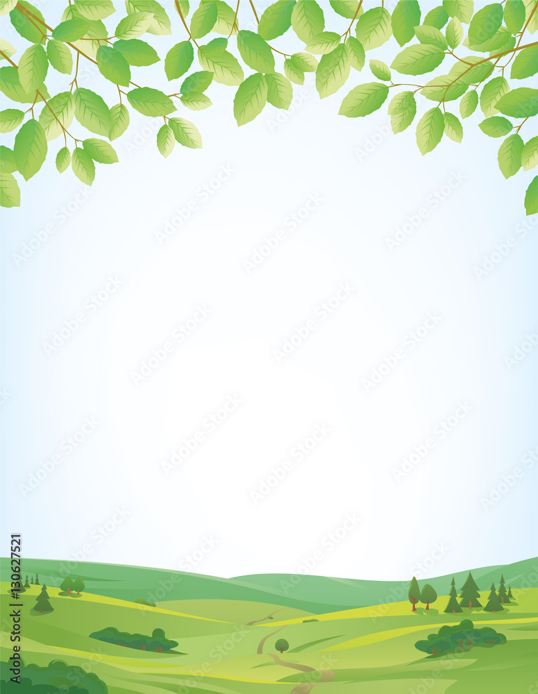 Springtime background with landscape and leaves border Springtime background with landscape and leaves border
