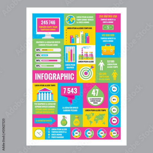 Business infographic - mosaic poster with icons in flat style. Creative design elements.