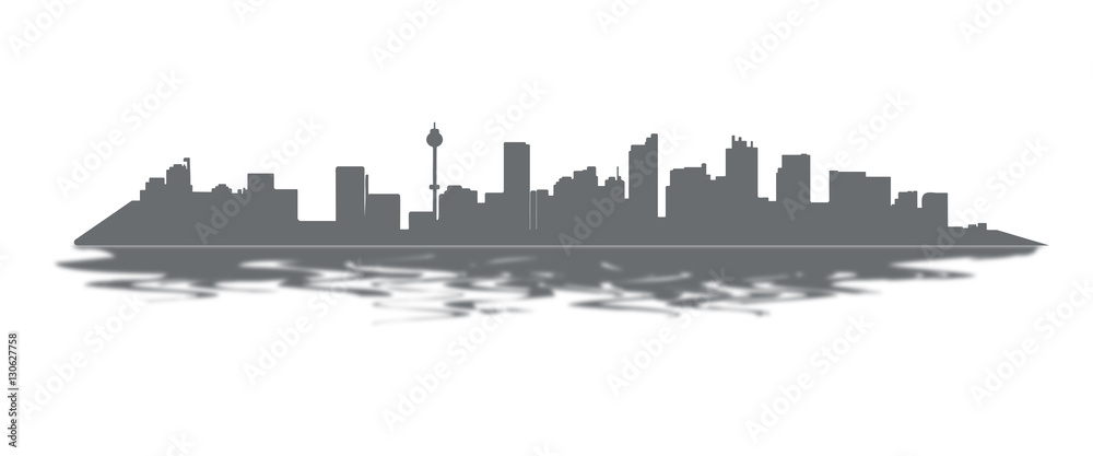Silhouette simple line art city with reflect in water on white background