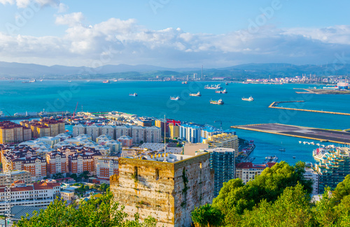 View of the moorish castle in gibraltar with the city and bay of algeciras behind it.