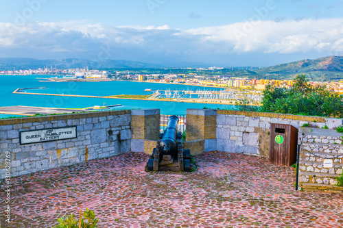 View of the moorish castle in gibraltar with the city and bay of algeciras behind it.