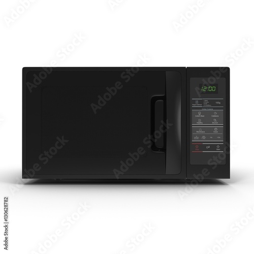 Black microwave oven with closed door on white. Front view. 3D illustration © 2dmolier