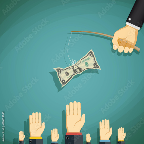 Human hand holding a fishing rod with the dollar and teasing peo