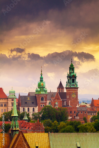 Panoramic view of Wawel Castle from clock tower in the main Market Square, Cracow, Poland. Aerial view