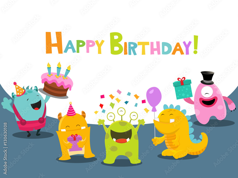 Cute Birthday Card With Monster Characters Cute Birthday Card With Monster Characters