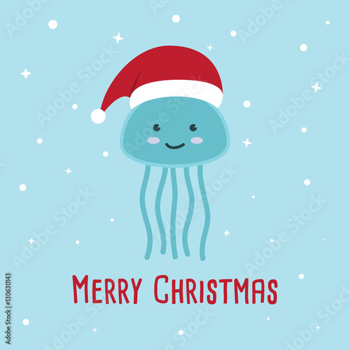 Jellyfish cartoon character. A Cute Jellyfish wearing Santa Claus hat standing on marine blue background.Flat design Vector illustration for Merry Christmas and Happy New Year invitation card. 