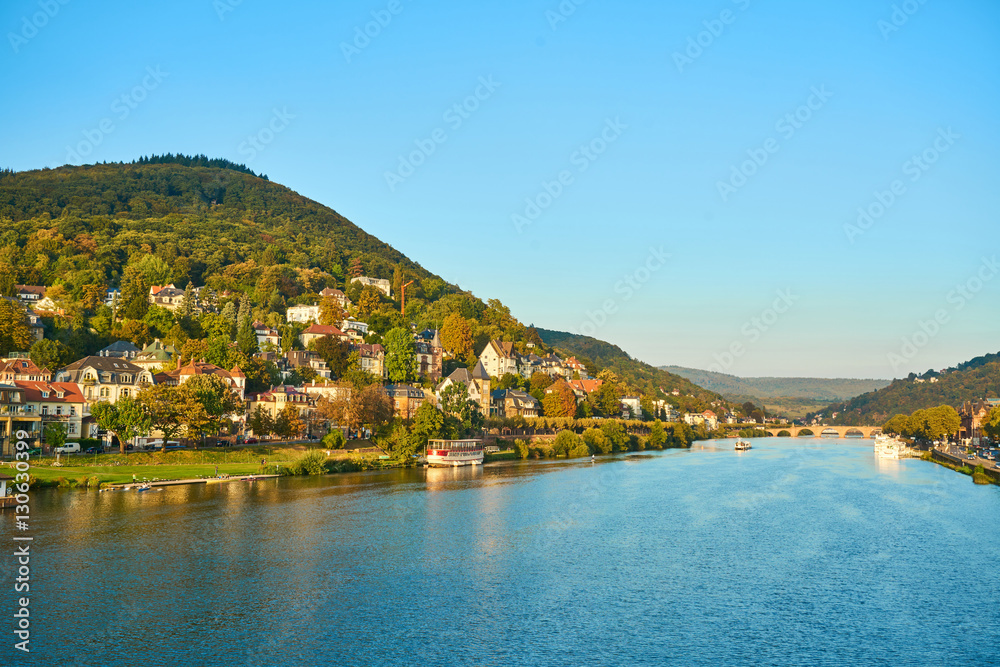 city view with river Neckar, mountains and houses in Heidelberg, Baden Baden, Germany