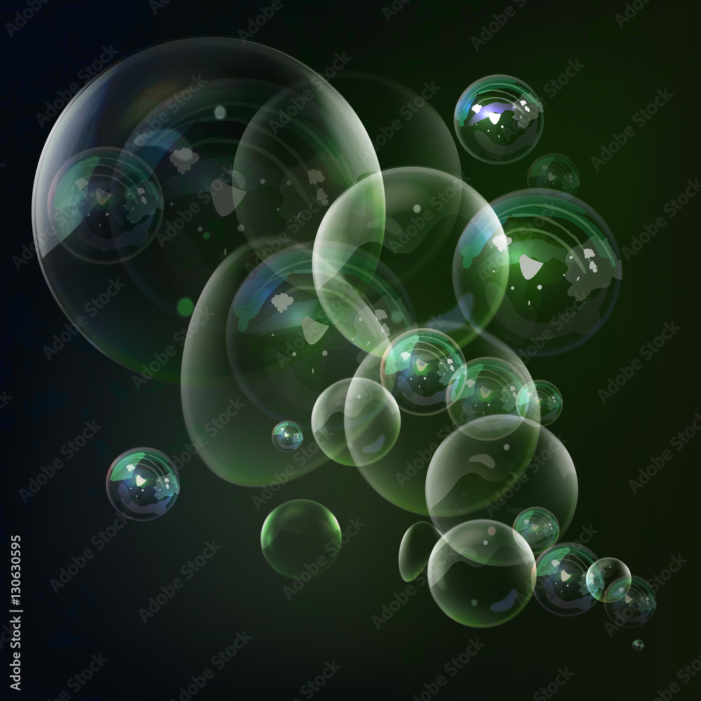 Colorful soap bubble on green vector background.