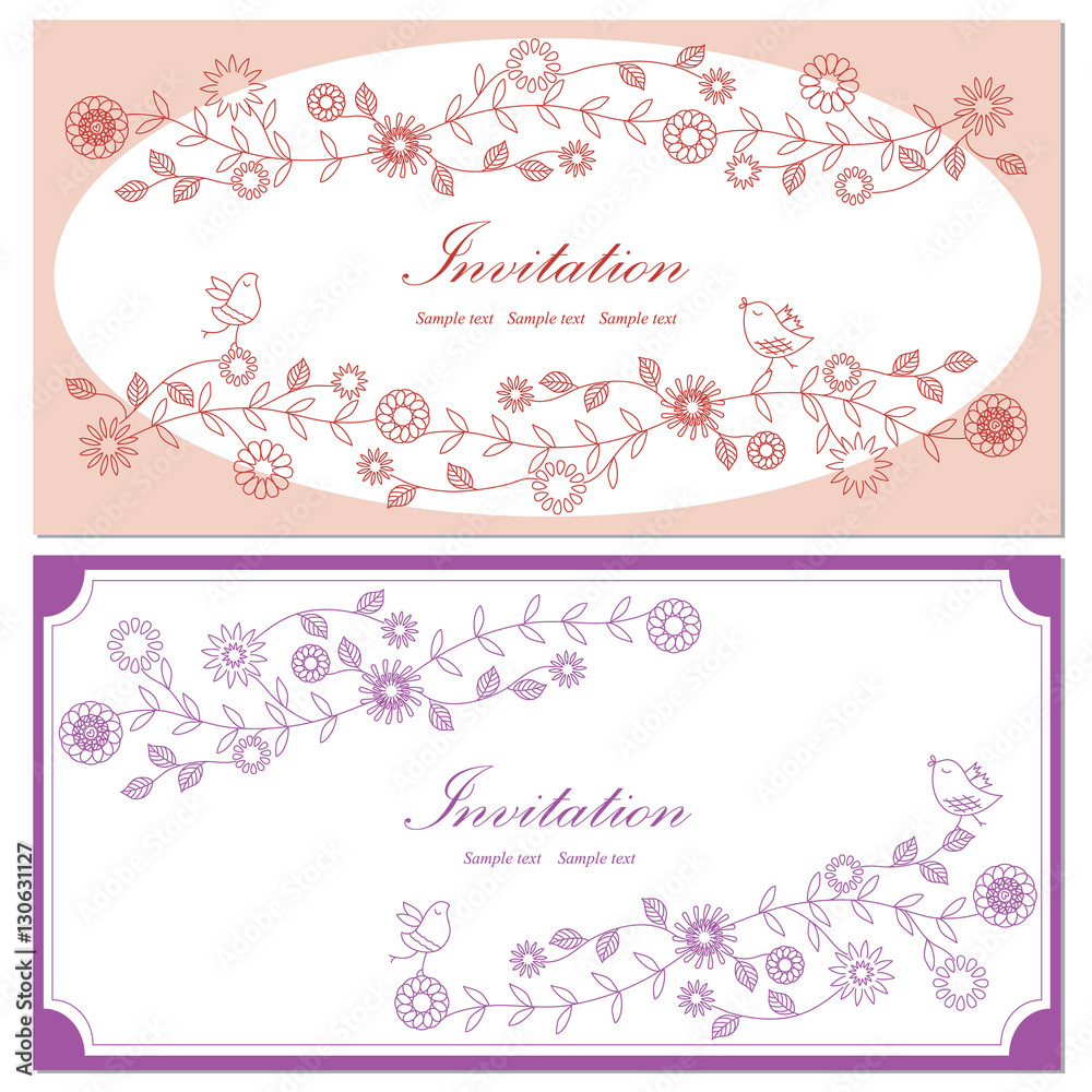 Wedding nvitations with outline floral design in the frame. Hand drawing decorative elements.