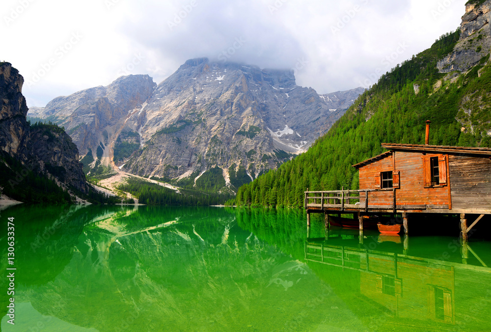 Lago di Braies ( Pragser Wildsee ) in Dolomites mountains, Italy