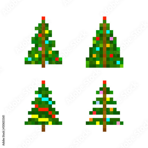 Vector set of four Pixel art Christmas tree. Flat design