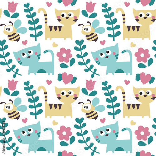 Seamless cute pattern made with bee, cats, flowers, plants and heart