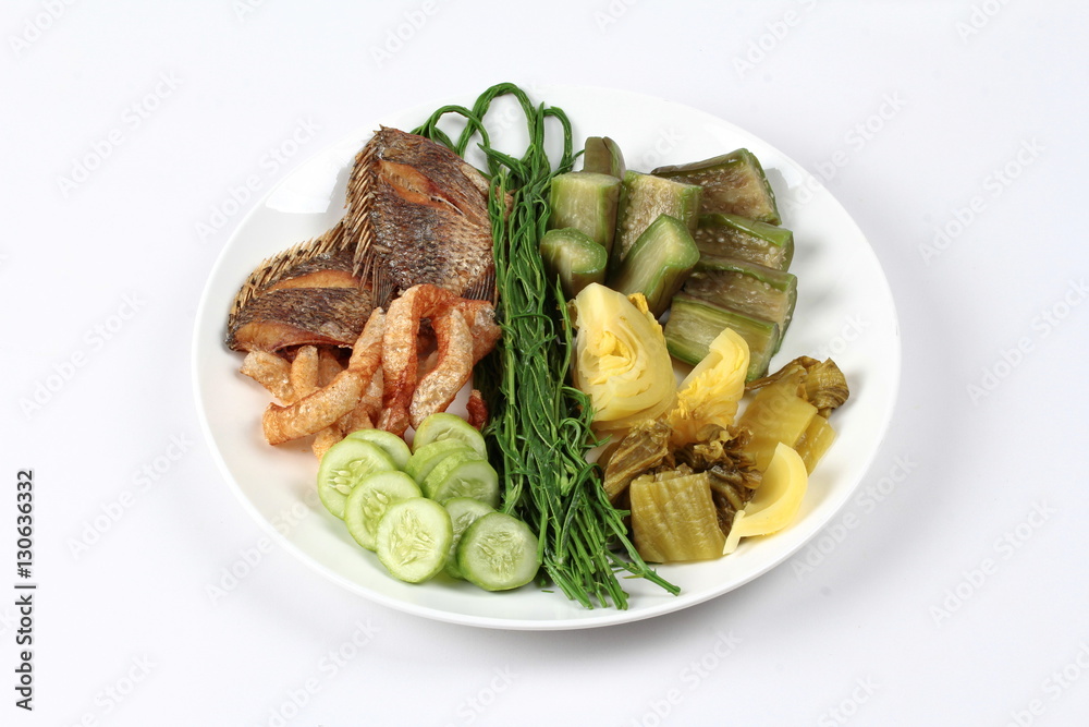 Ready side dish with fired tipalia fish and mixed vegetable. Ready side dish with fired tipalia fish and mixed vegetable.