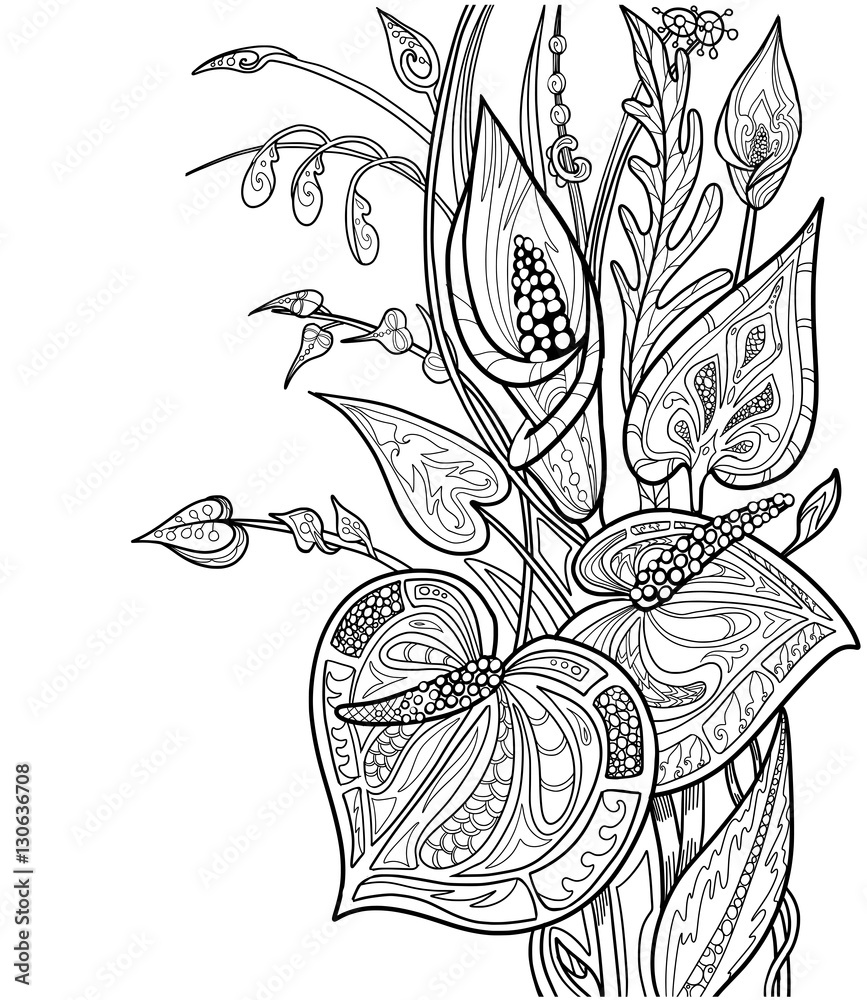 Doodle Flowers coloring book page. Black and white exotic floral