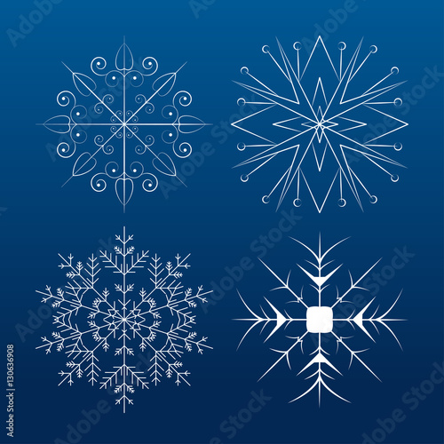 Vector set of white snowflakes on the gradient blue background.