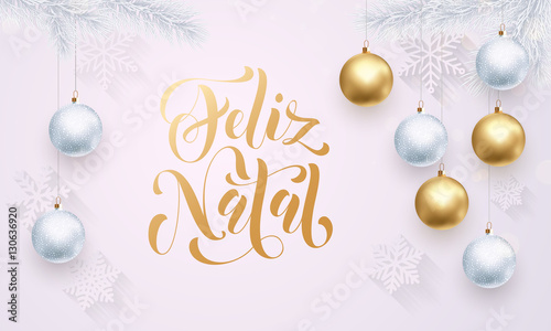 Portuguese Merry Christmas Feliz Natal decoration golden ball white greeting