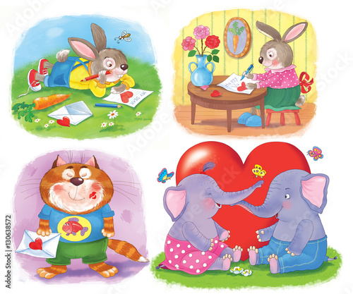 Fototapeta Naklejka Na Ścianę i Meble -  Greeting card for Valentine's Day. Cute animals. Illustration for children