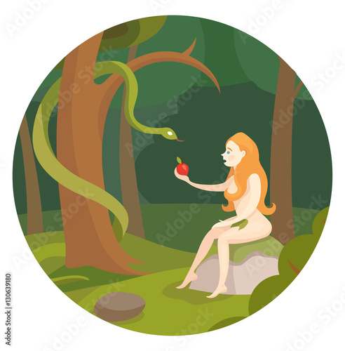 Vector cartoon Bible illustration, Eve with red apple and serpent tempter on a tree