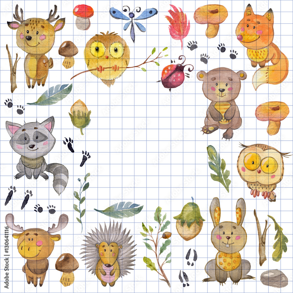 Obraz premium Watercolor pattern with animals Cute forest friends