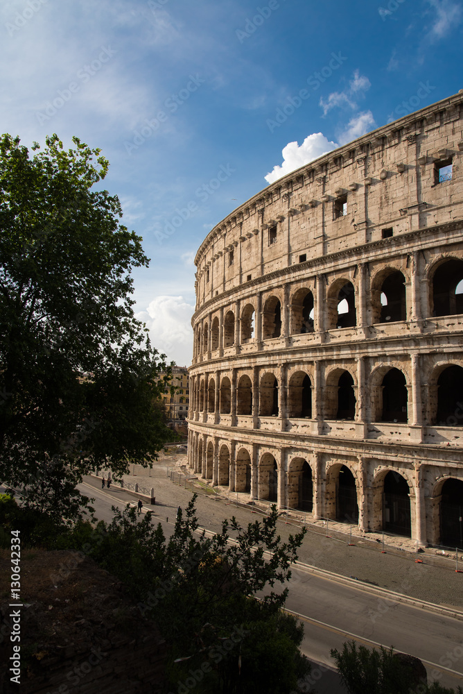 Vertical detail of Roman Coliseum on the right of the image 
