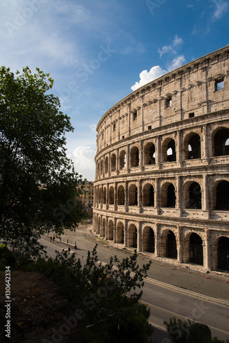 Vertical detail of Roman Coliseum on the right of the image 