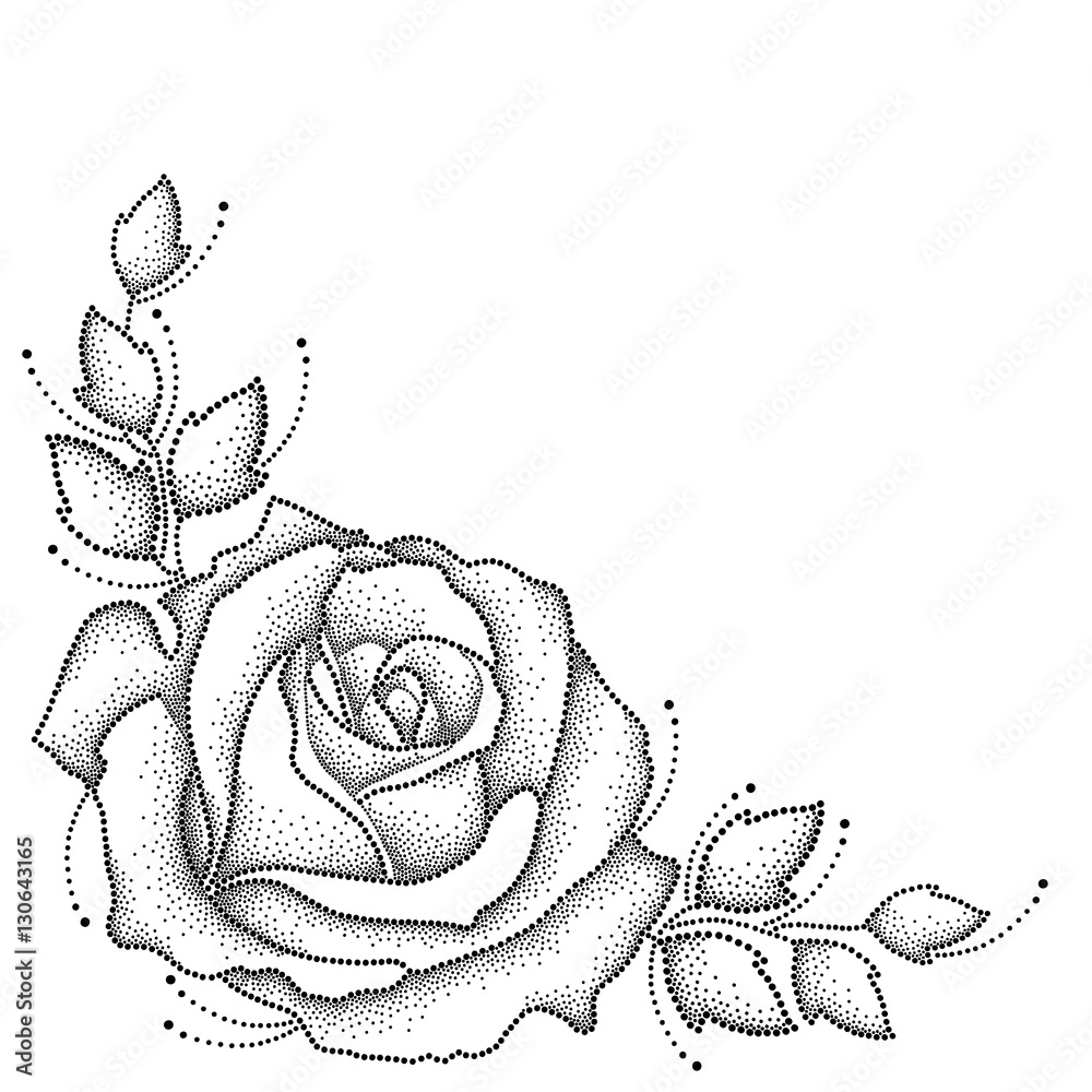 Vector illustration with one dotted rose flower and leaves in black isolated on white background. Floral elements with open rose in dotwork style for elegance tattoo design. Corner composition. Stock Vector