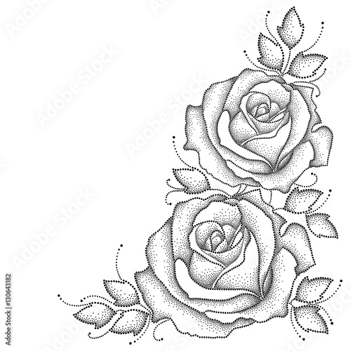 Vector illustration with two dotted rose flower and leaves in black isolated on white background. Floral elements with open rose in dotwork style for elegance decor. Corner composition.