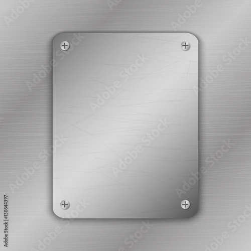 Fototapeta Naklejka Na Ścianę i Meble -  Techno vector illustration. Metal Background with plate and rivets. Metallic grunge texture. Brushed Steel, iron, aluminum surface. Abstract gray template. Engineering, construction theme
