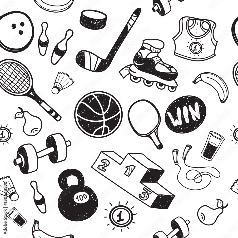 Obraz premium Collection of hand drawn Doodle sport. Sports, football, bowling, tennis, basketball.Cartoon healthy lifestyle pattern.