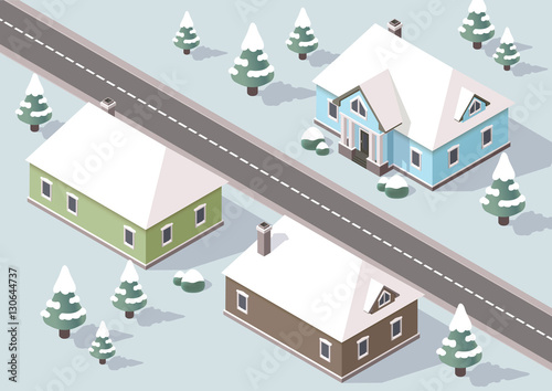 Isometric houses nearby the road