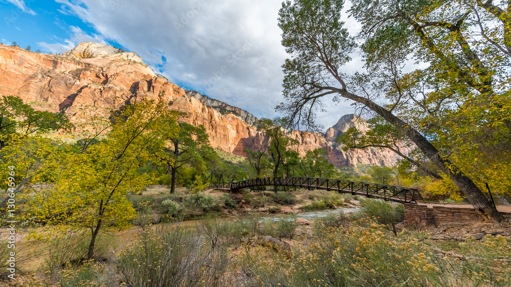 The river flows in a valley among the yellow rocks. Iron bridge over the river. EMERALD POOLS TRAIL, Zion National Park, Utah, USA