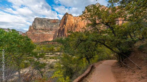 Breathtaking view of the canyon. The path to the Emerald Pools through the cliffs and forest. EMERALD POOLS TRAIL  Zion National Park  Utah  USA