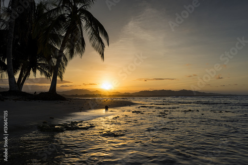 View of a beach with palm trees at sunset in Puerto Viejo de Talamanca, Costa Rica, Central America  Concept for travel in Costa Rica © Tiago Fernandez