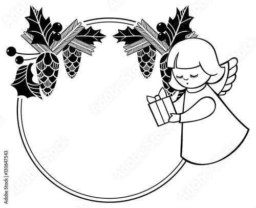 Black and white rouen Christmas frame with cute angels. Copy space.
