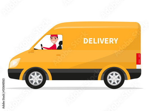 Vector cartoon delivery van truck with deliveryman
