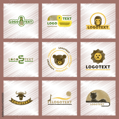 assembly flat shading style icons logo bear lion giraffe penguin snake monkey bird bull