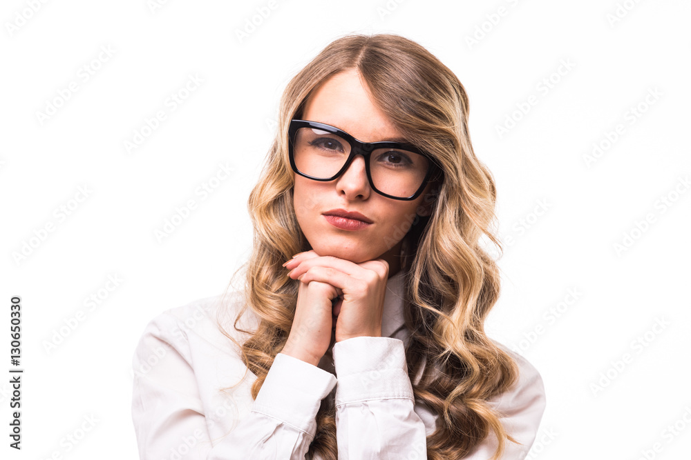 Young business girl with eyeglasses dreaming on white backgroung