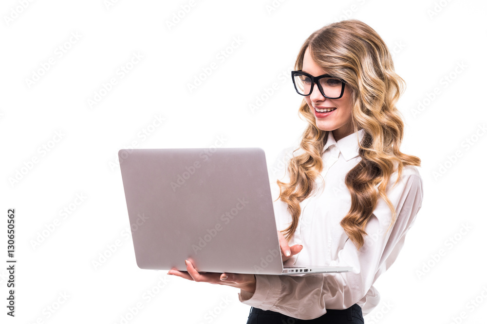 Young business girl with eyeglasses and laptop on white backgroung Young business girl with eyeglasses and laptop on white backgroung