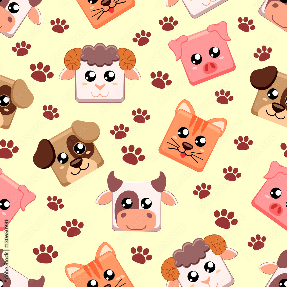 Seamless pattern with farm animals. Cow, cat, dog, pig, sheep Seamless pattern with farm animals. Cow, cat, dog, pig, sheep