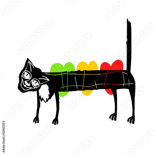 Cute cat with a set of three hearts in the colors  the traffic light.