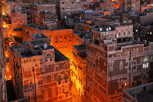 Yemen. Night view of the old city of Sanaa