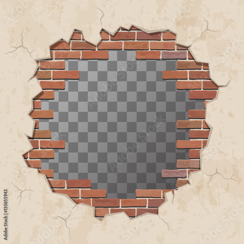 Red broken brick wall with hole. Shabby plaster and shattered brickwork. Vector illustration.