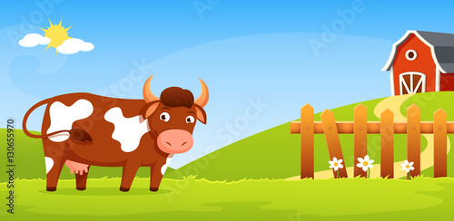 smiling cow with greenery background  farm and wooden fence