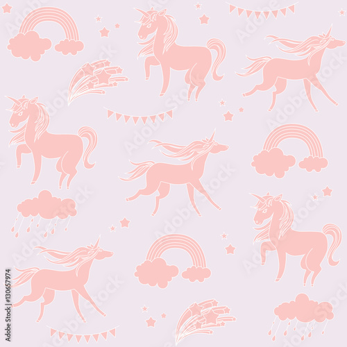Sandy color unicorns with clouds on a biege background.