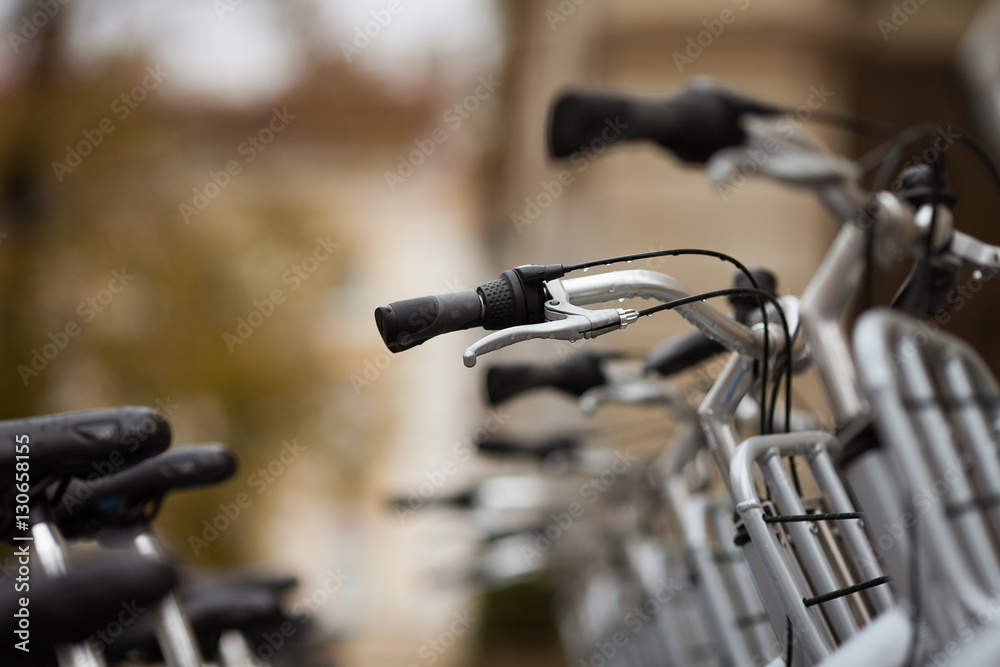 Healthy, ecological transport concept. Row of parked vintage bicycles