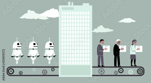 Conveyor belt moving robots into an office building, fired people moving out of it, EPS 8 vector illustration, no transparencies 