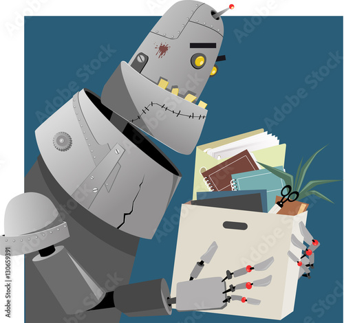 Fired robot holding a box with his office belongings, EPS 8 vector illustration