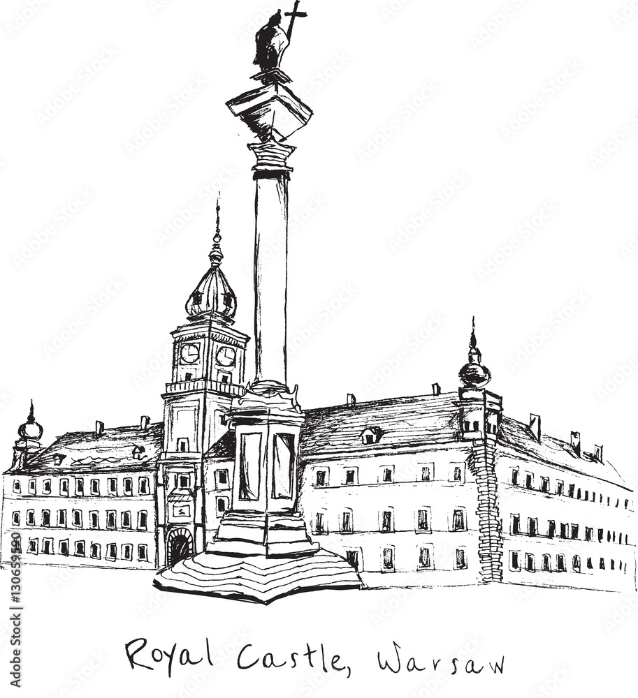 Hand drawn Royal Castle in Warsaw on white background