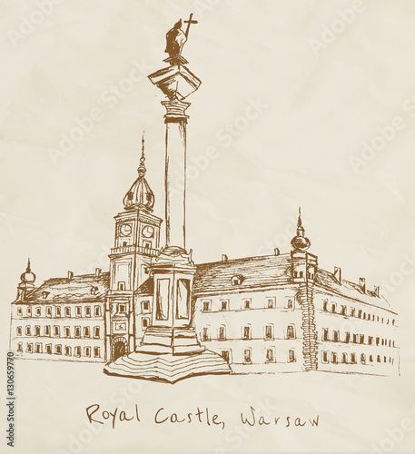 Hand drawn Royal Castle in Warsaw on vintage background