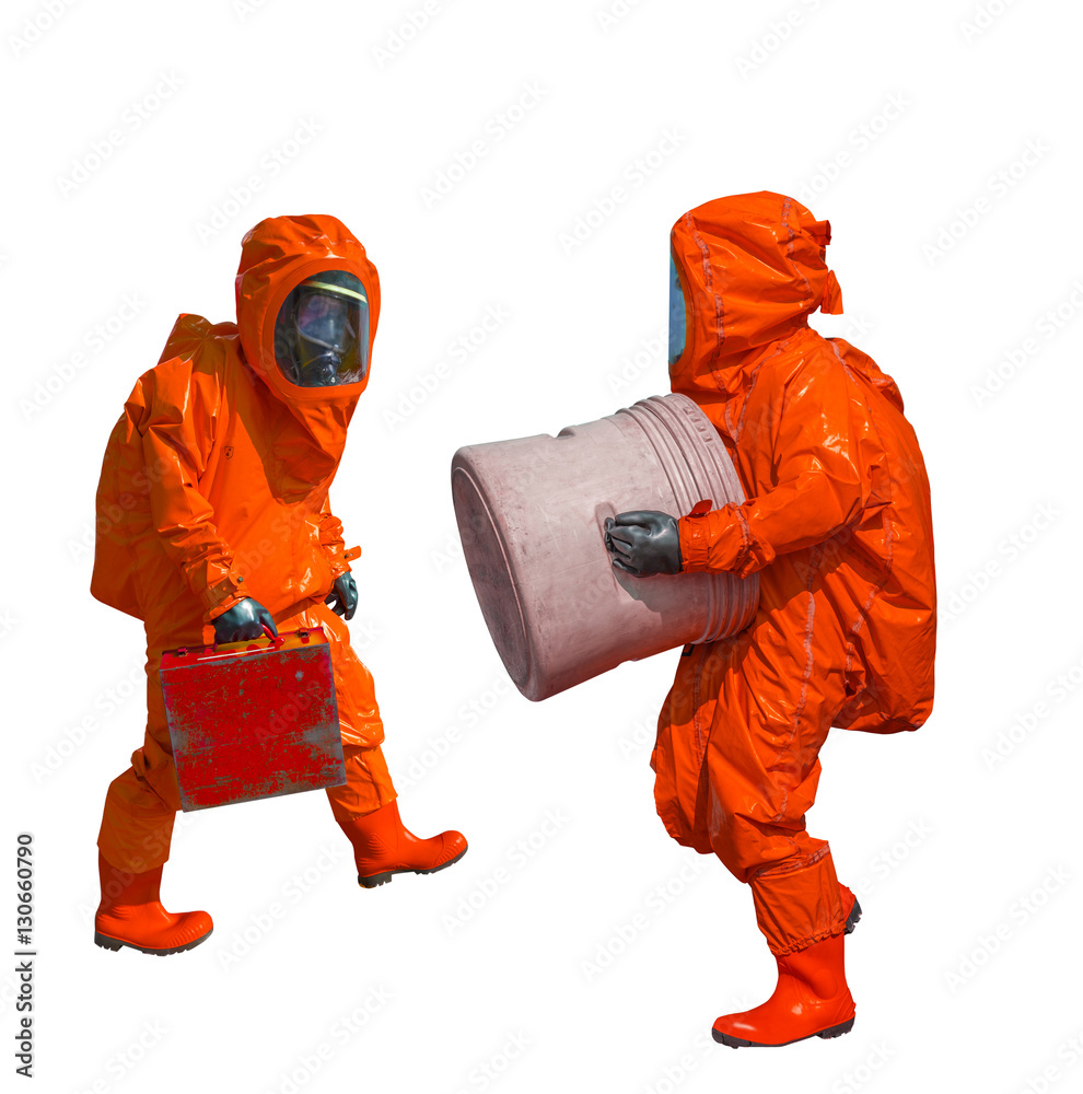 Naklejka premium Isolated man in orange protective hazmat suit